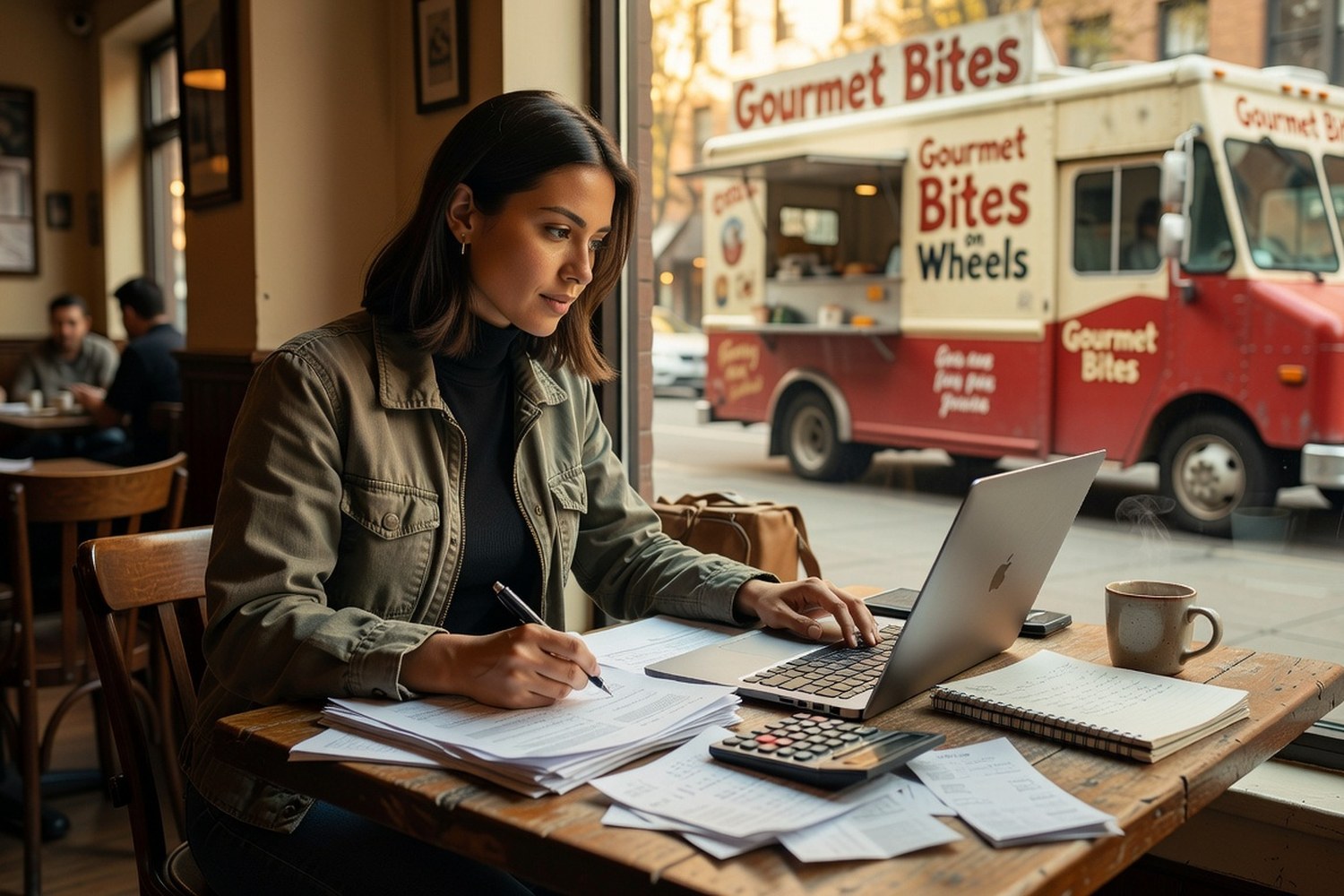 Food truck entrepreneur reviewing loan options and business finances at cafe with truck visible outside