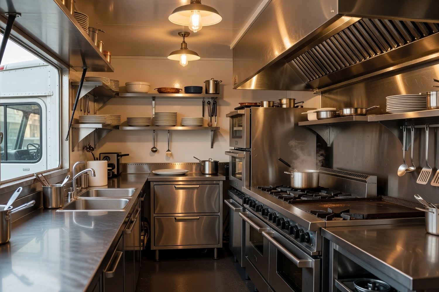 Professional food truck kitchen interior showing equipment that can be financed through business loans
