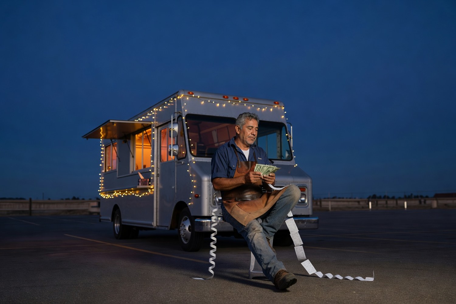 Food truck owner counting cash at end of day representing cash flow challenges Fundbox helps solve