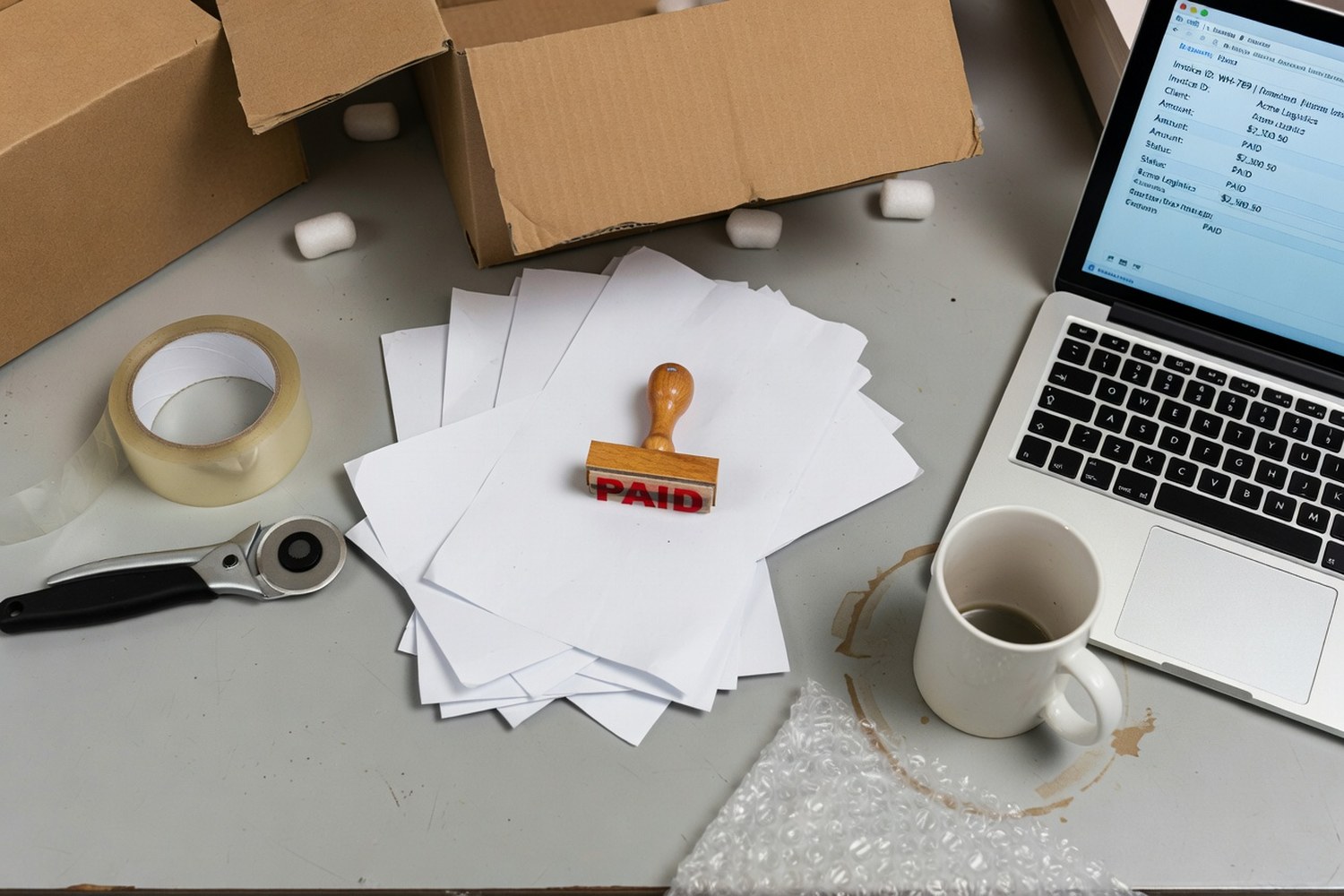Shipping desk with invoices and packing materials representing Fundbox net terms and B2B payments
