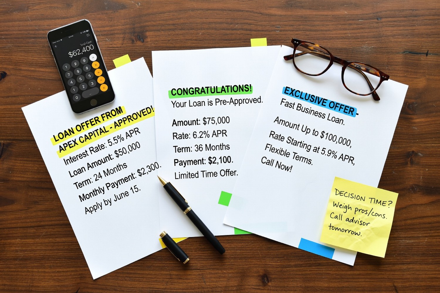 Multiple loan offers on a desk representing comparing options through Fundera by NerdWallet