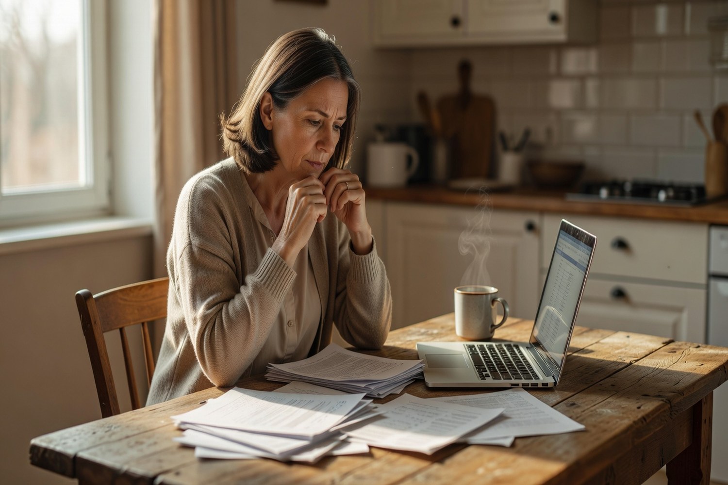 Woman reviewing funeral financing options and paperwork at home
