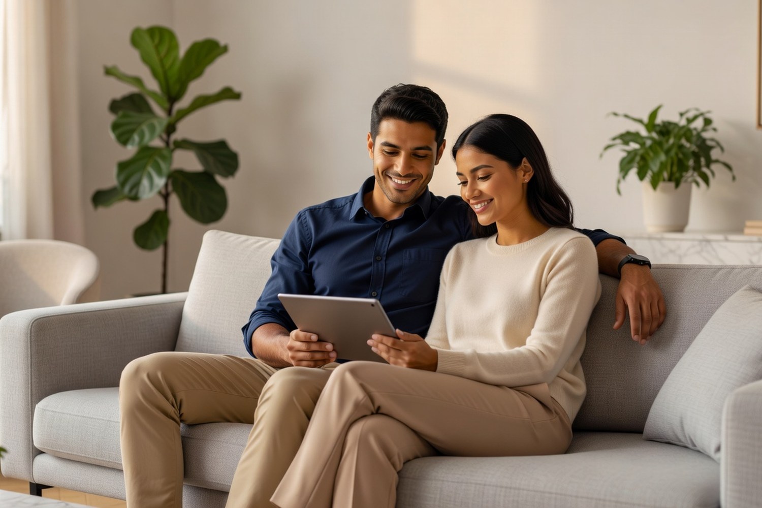 Couple comparing personal loan rates together to find the best deal with their good credit