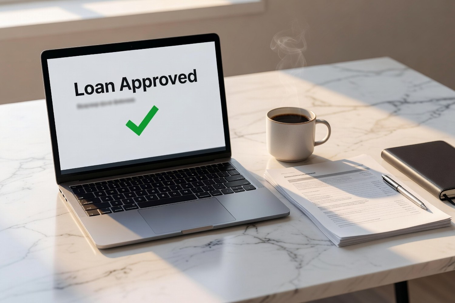 Laptop showing loan approval notification for good credit borrower with competitive rates
