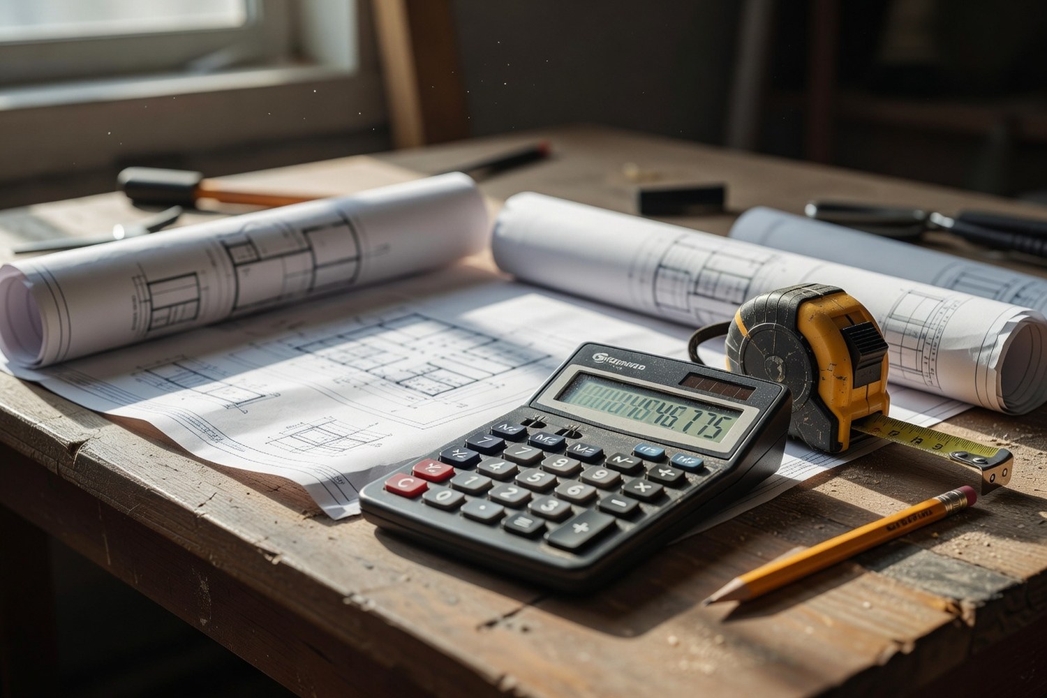 Renovation planning with calculator and blueprints representing home improvement loan costs