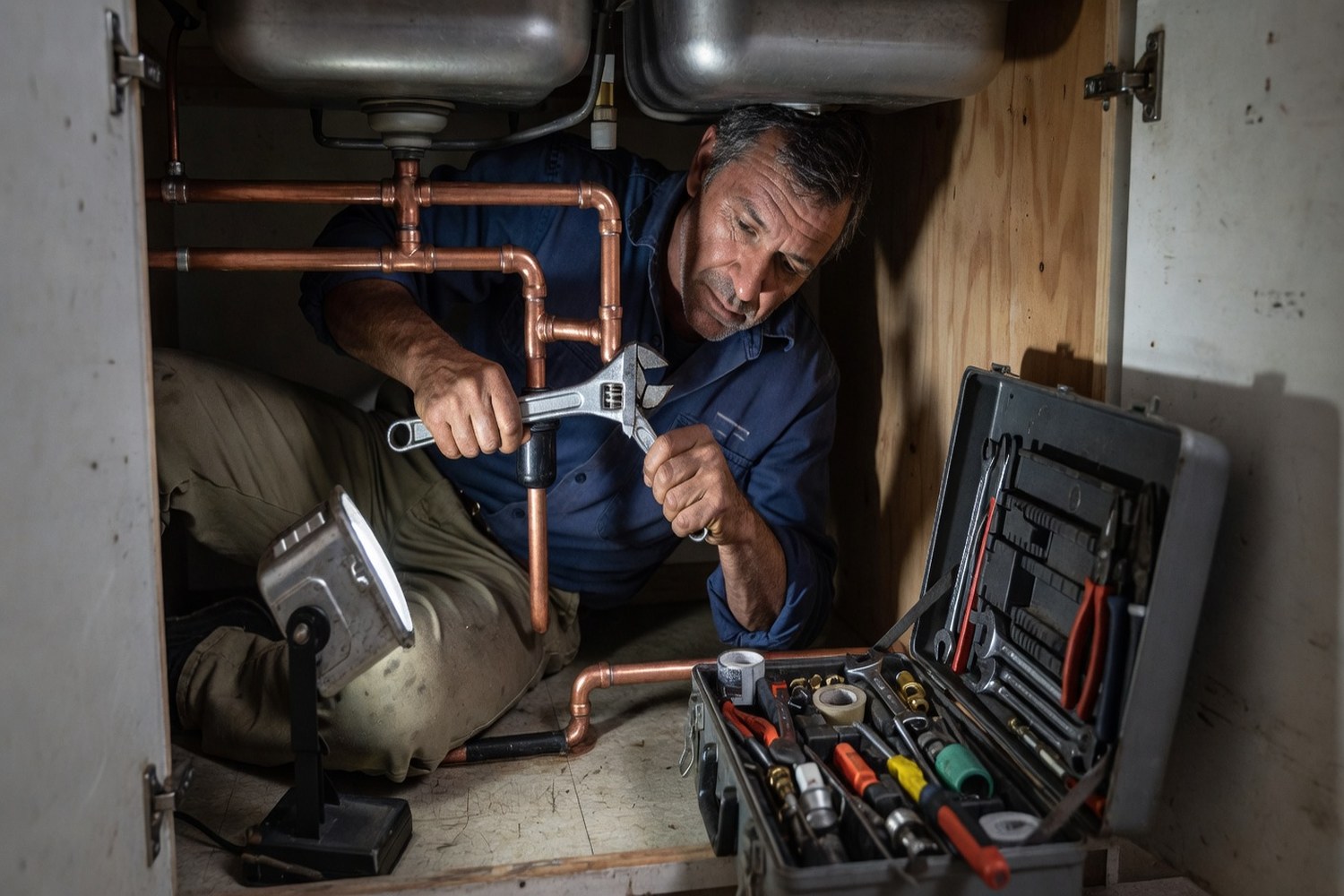 Plumber repairing pipes under a kitchen sink representing emergency home repair financing costs