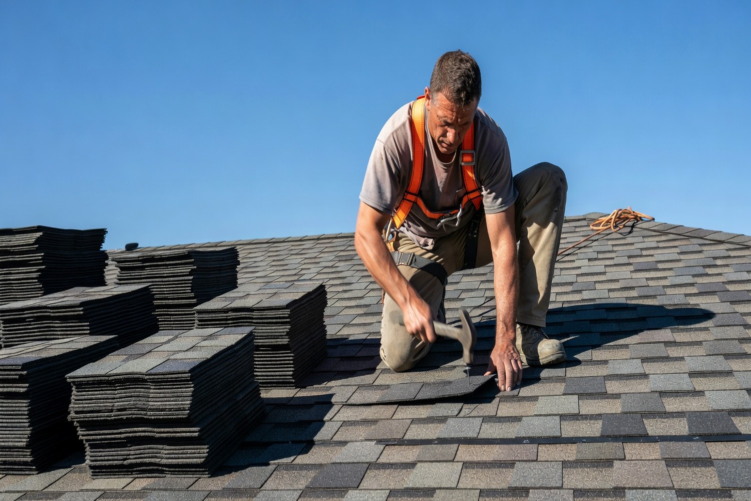 Roofer installing new shingles representing roof repair financing and home repair loan options