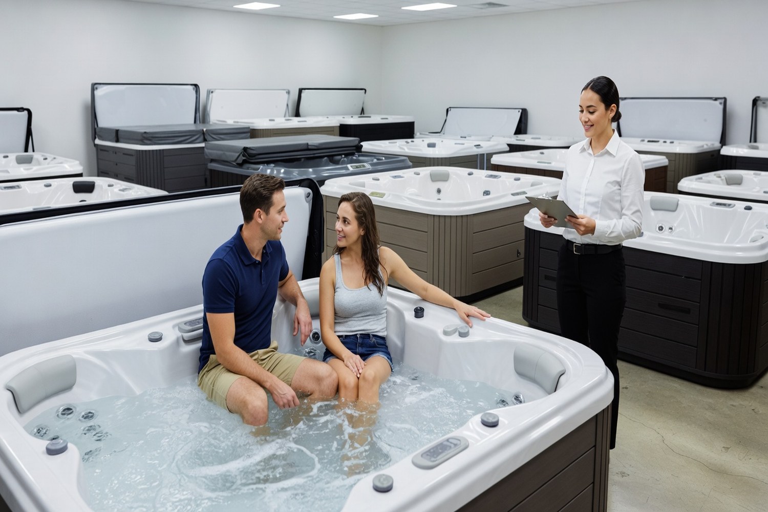 Couple testing hot tub in showroom while considering financing options