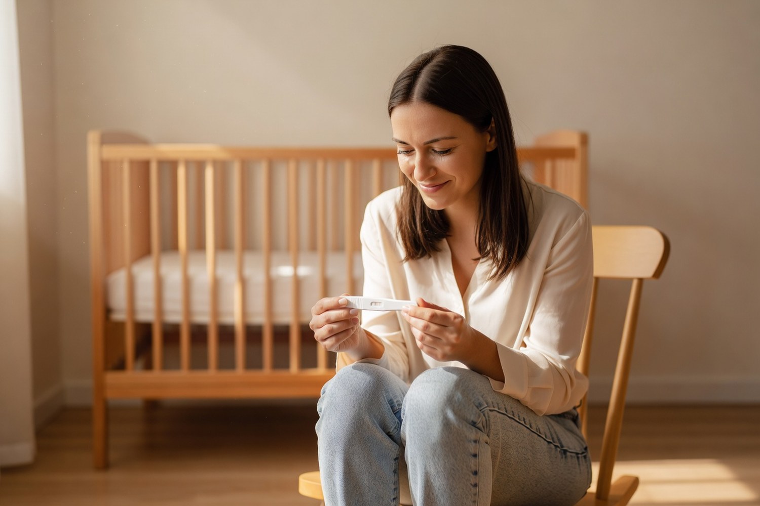 Woman with positive pregnancy test representing the goal of IVF financing and fertility loans