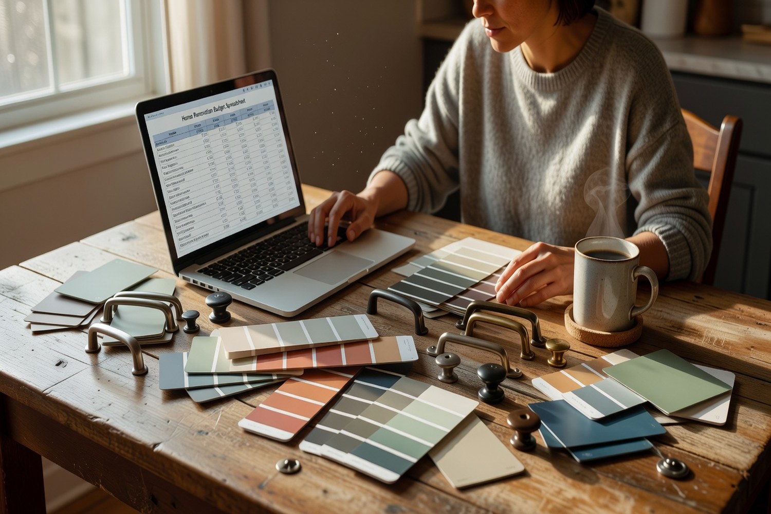 Homeowner planning kitchen remodel budget with samples and laptop