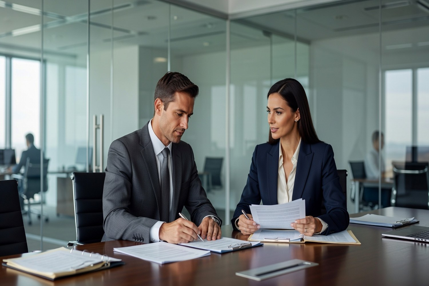 Law firm partners reviewing business financing options and loan terms together