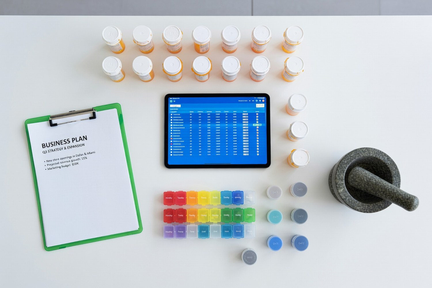 Pharmacy counter with business documents representing Live Oak Bank specialty industry lending
