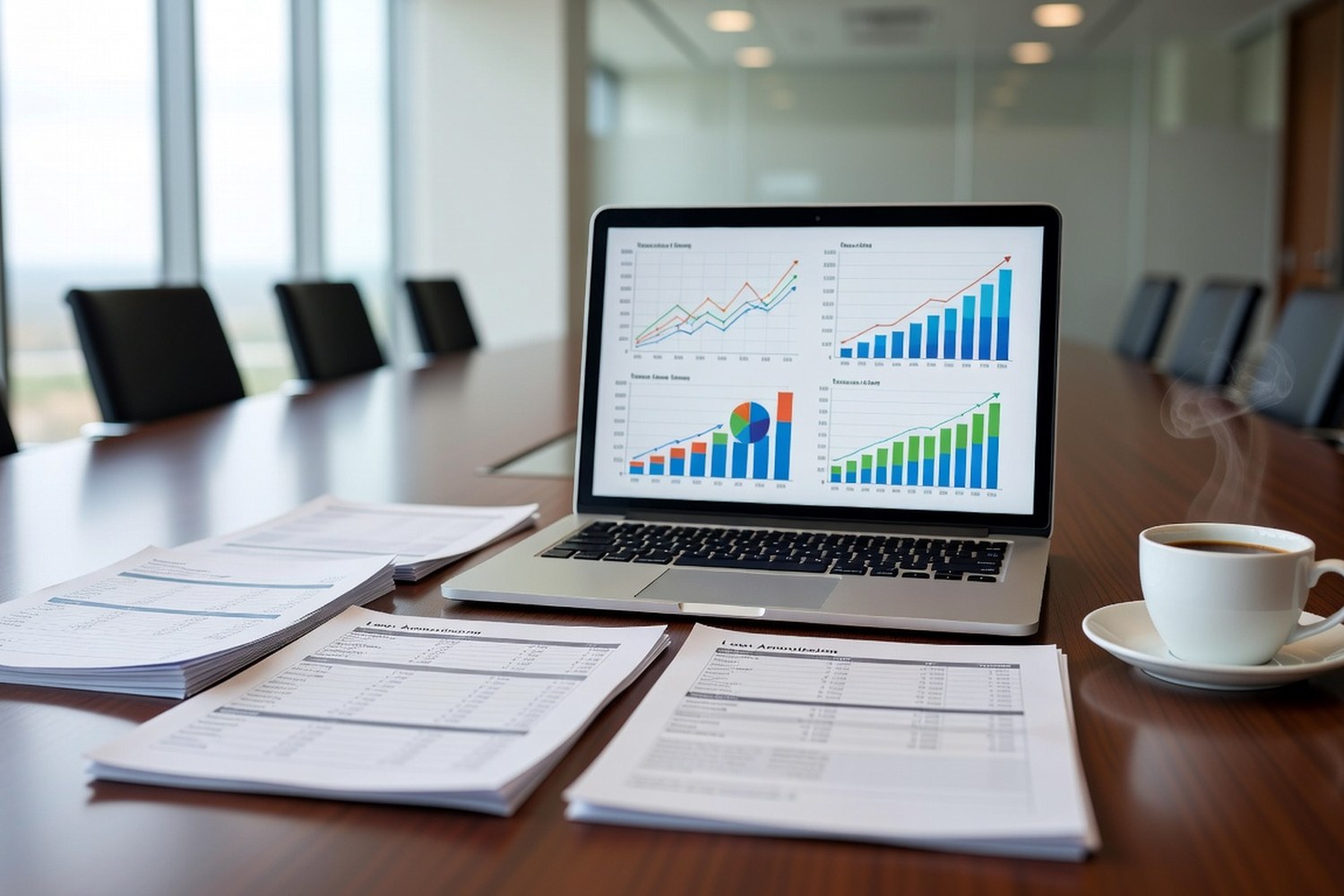 Business loan amortization schedules and growth charts on conference table for long-term planning