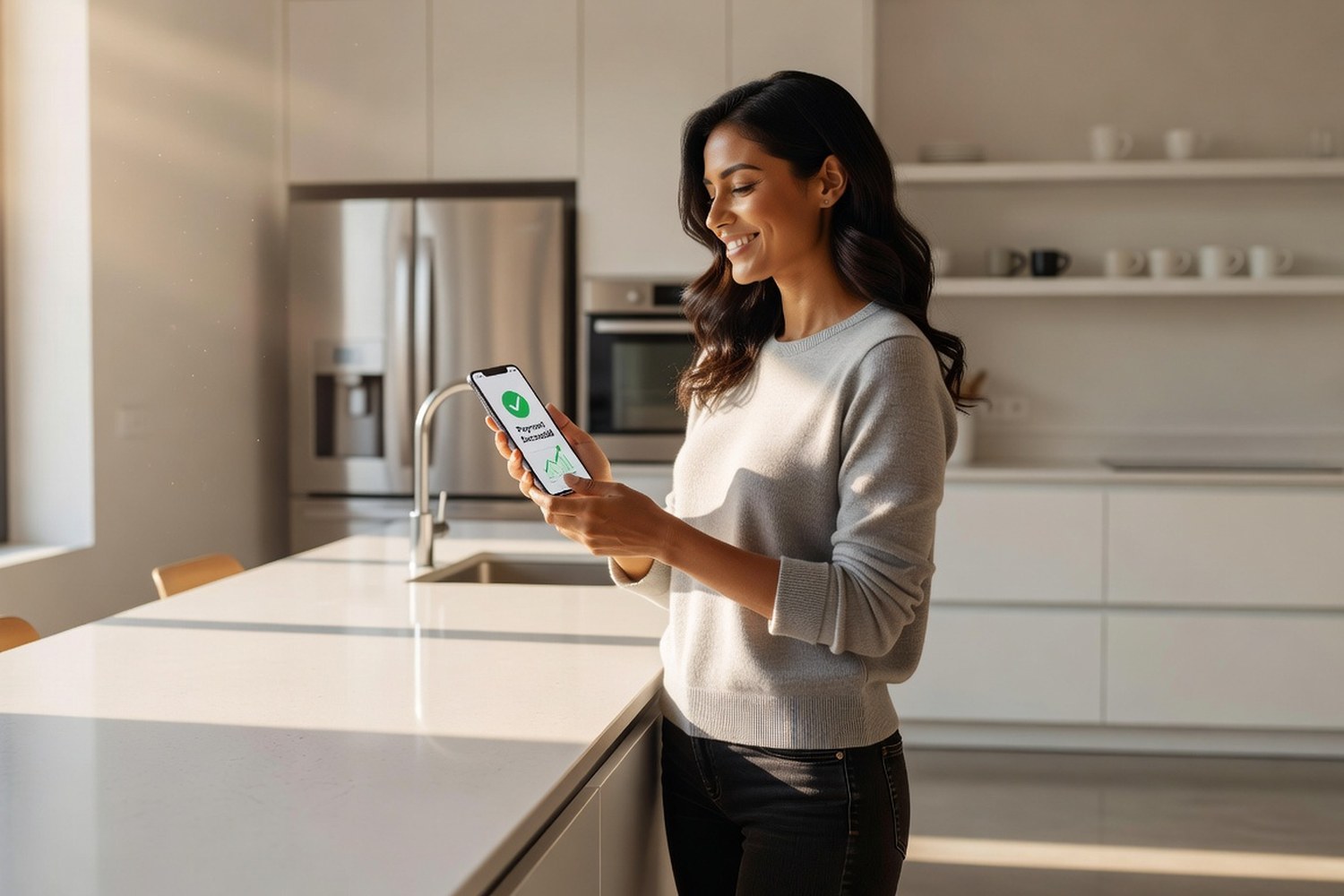 Woman checking successful long-term loan payment confirmation on phone
