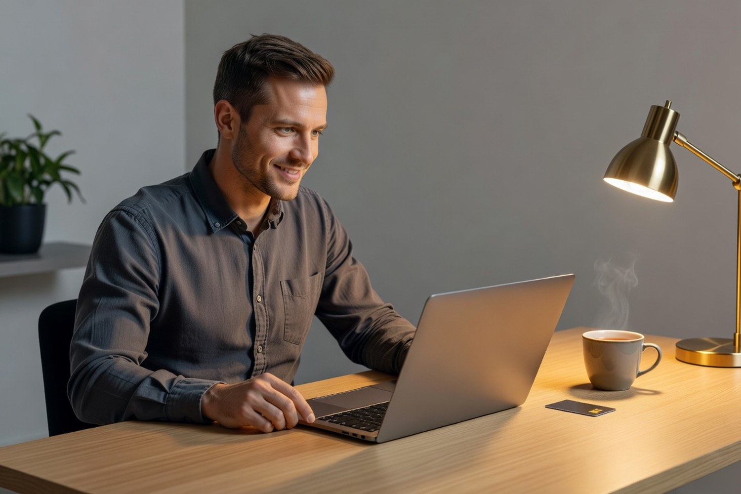 Man using Mastercard credit card for secure online purchase at home desk