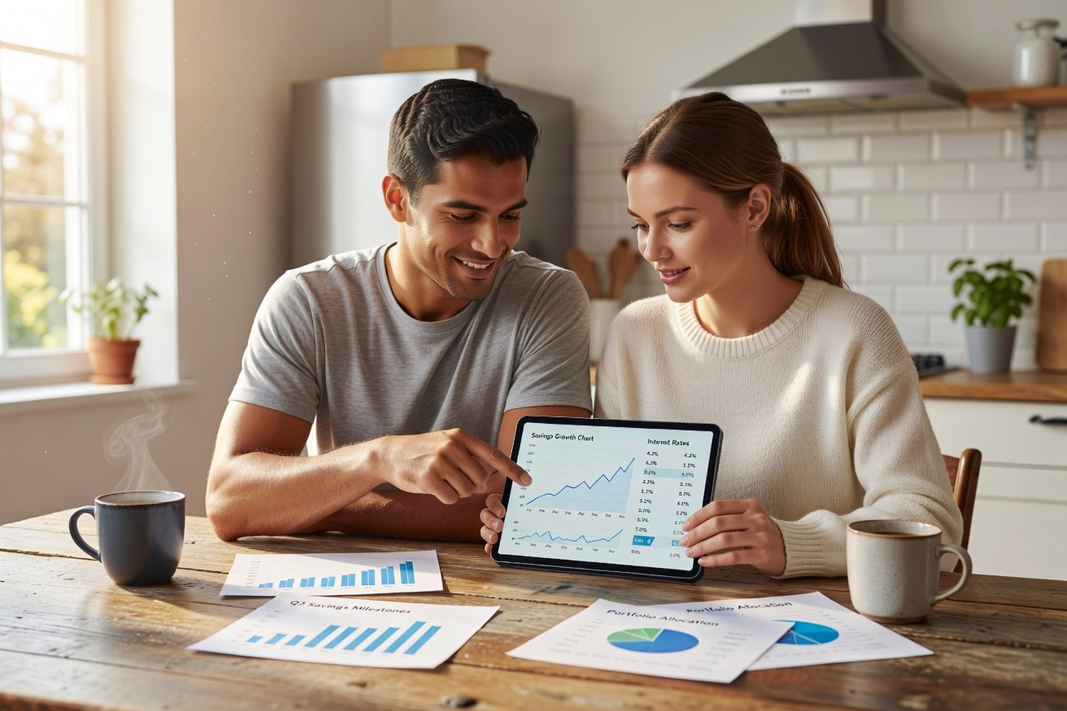 Couple reviewing bank accounts on tablet