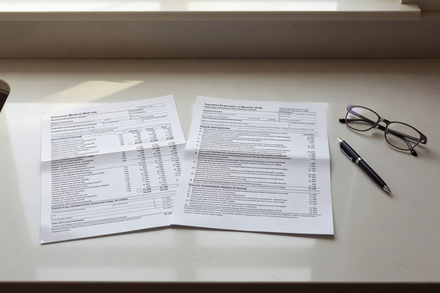 Medical bills and insurance documents representing medical expense financing costs