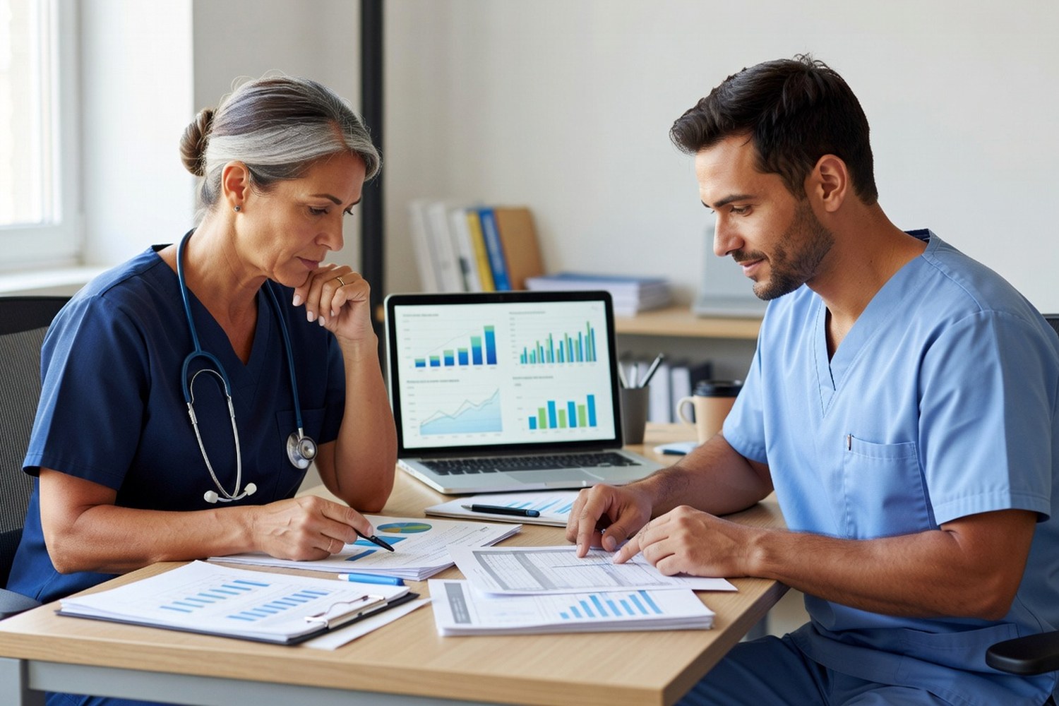 Healthcare professionals reviewing medical practice business loan options and financial planning together