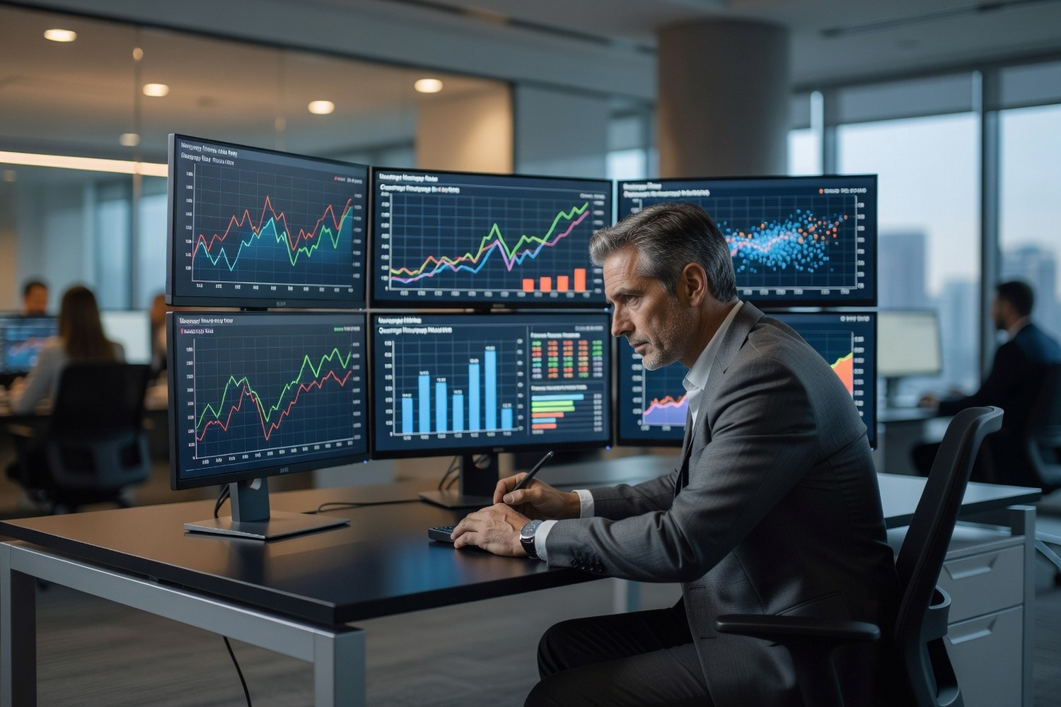 Financial analyst reviewing mortgage rate trend data on multiple screens