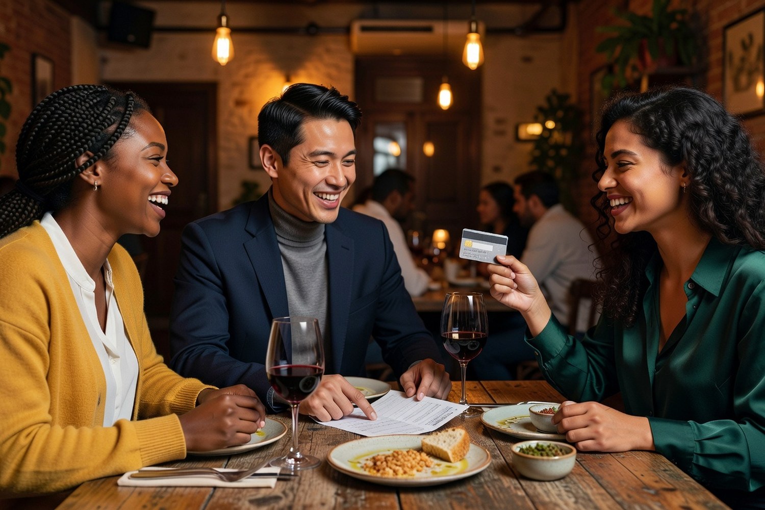 Friends splitting restaurant bill with cash back credit card earning dining rewards