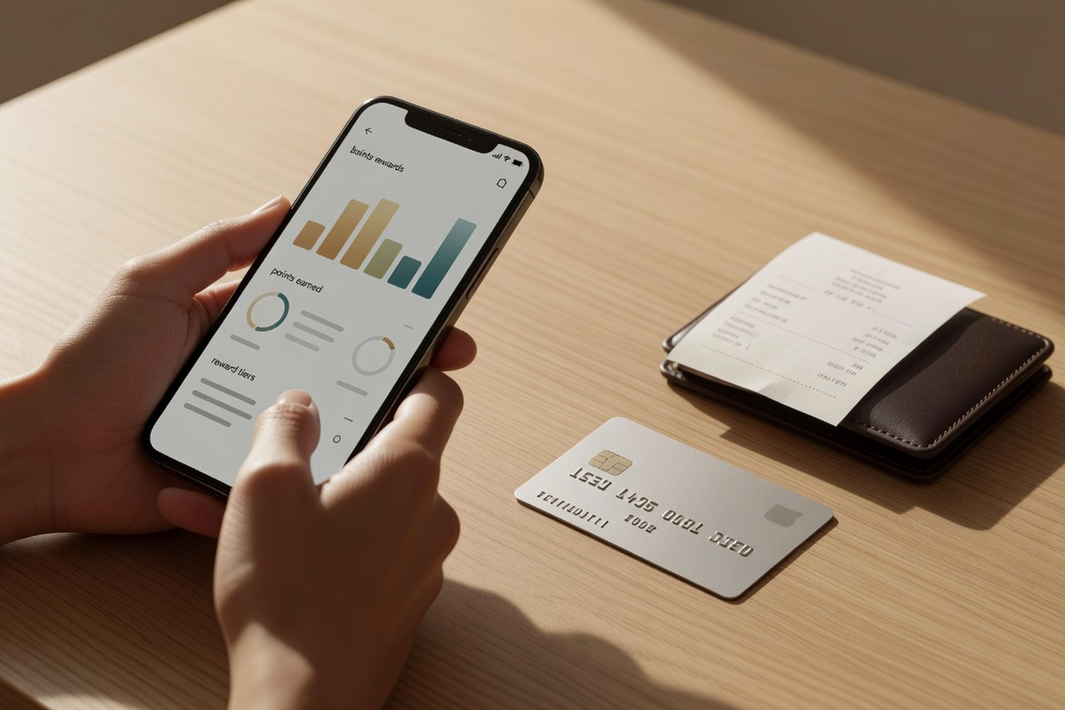 Checking credit card rewards on smartphone with card and wallet on table