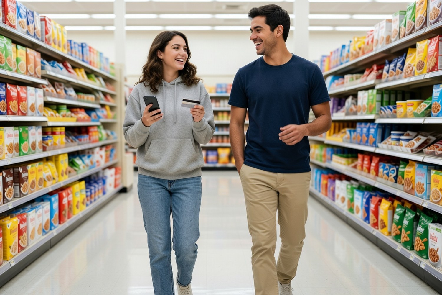 Young adults using credit card for everyday groceries to build credit history responsibly