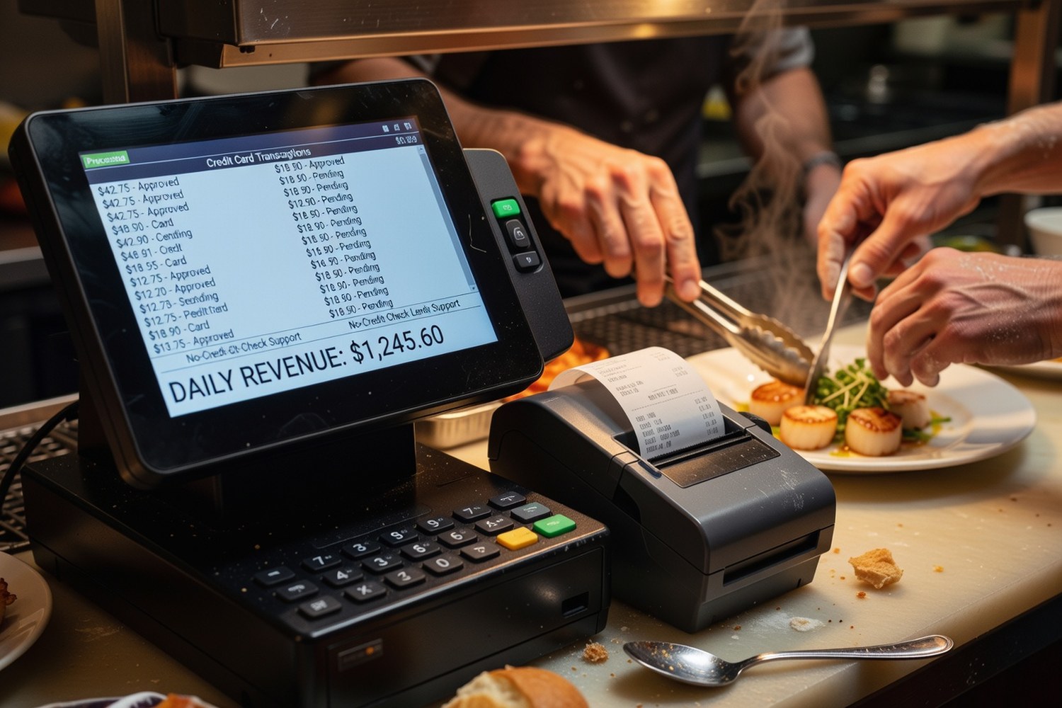 Restaurant POS terminal processing sales that qualify for revenue-based business funding