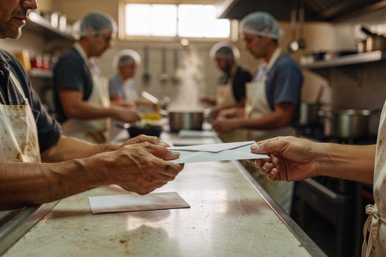 Employee receiving paycheck at small business workplace