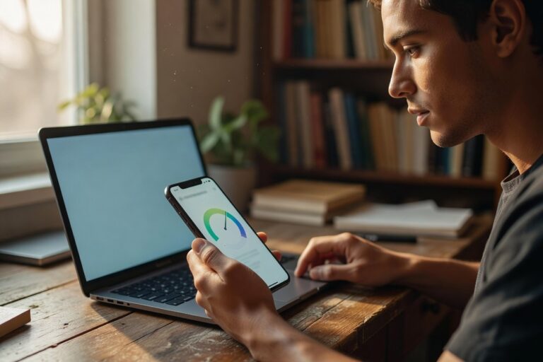 Person checking credit score on smartphone before applying for a personal loan