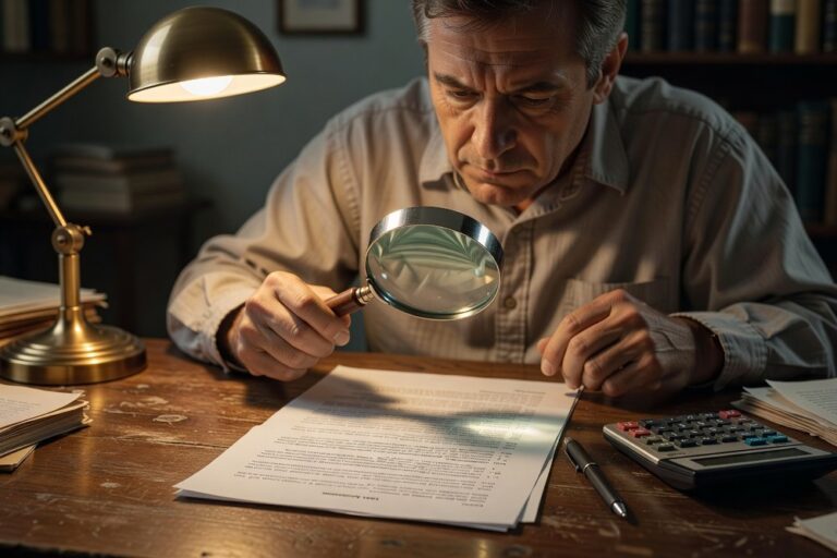 Person reading personal loan agreement fine print to understand fees