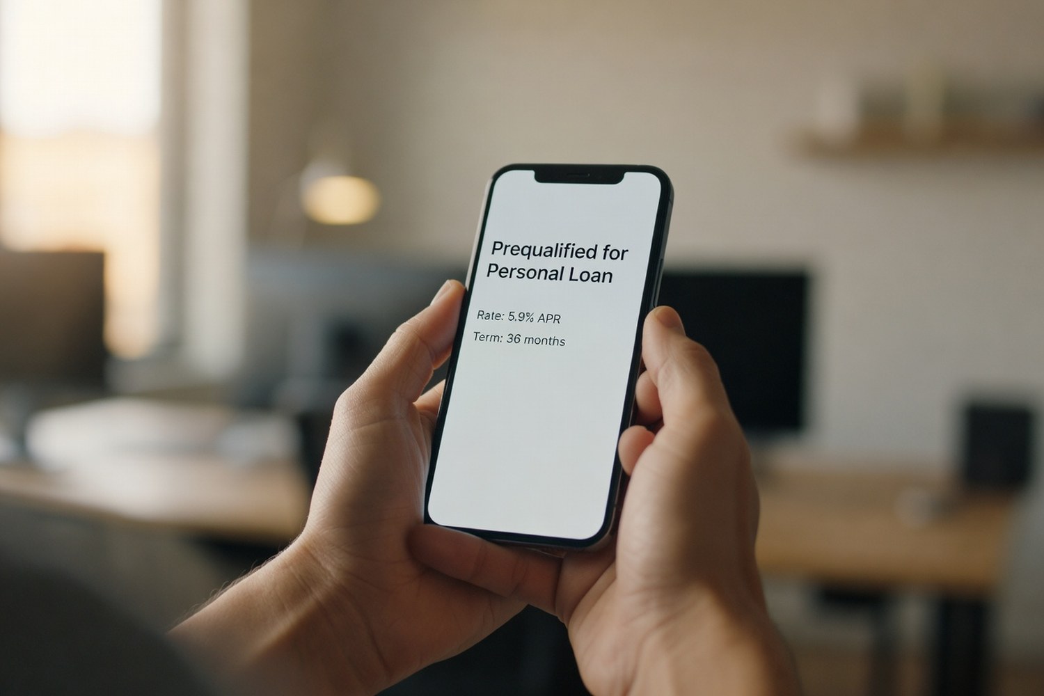 Hands holding smartphone showing personal loan prequalification result