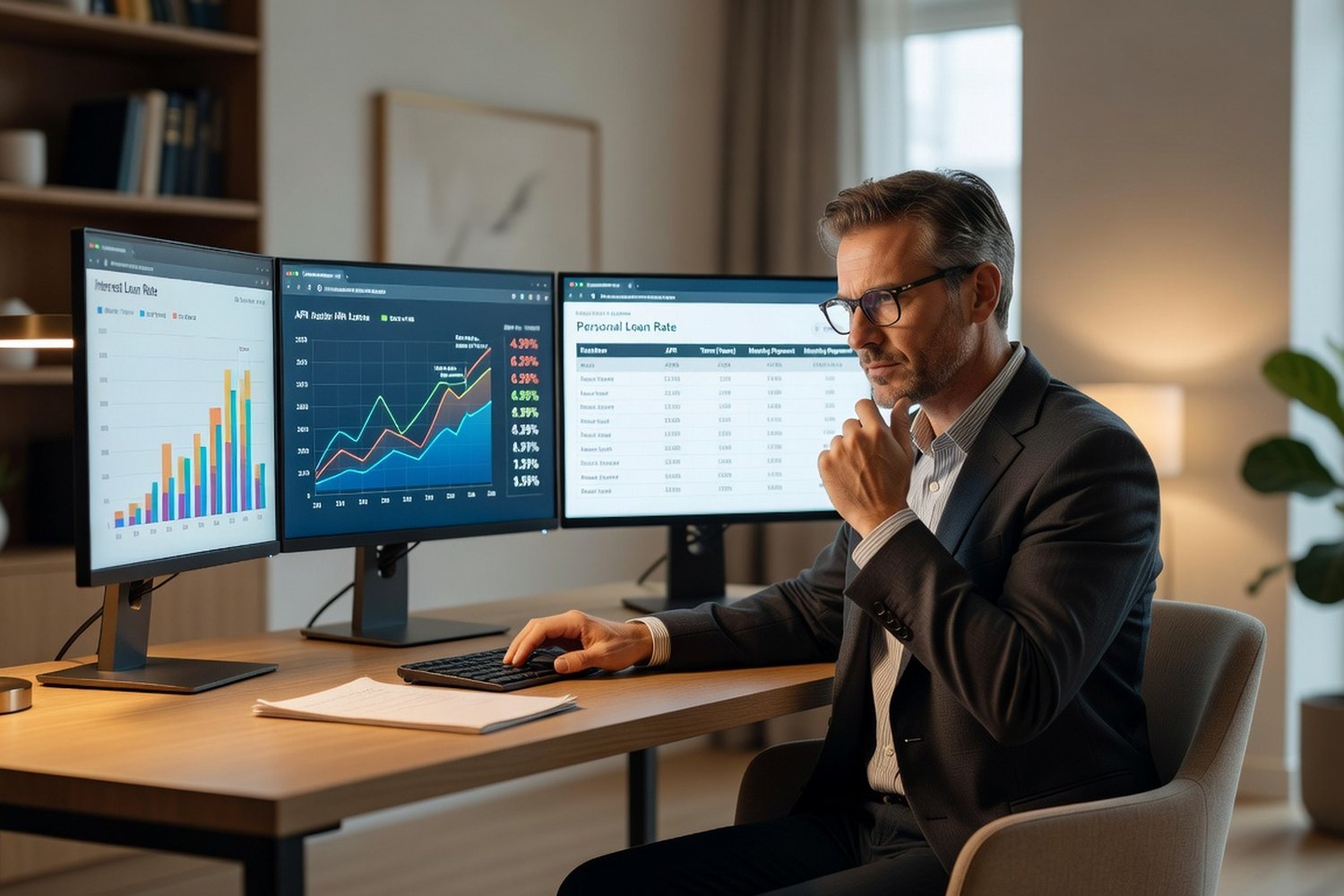 Person comparing personal loan APR offers across multiple lender screens