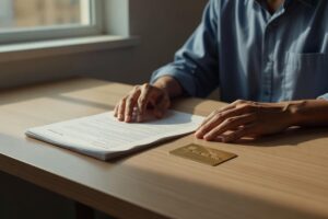 Choosing between a personal loan document and credit card on a desk