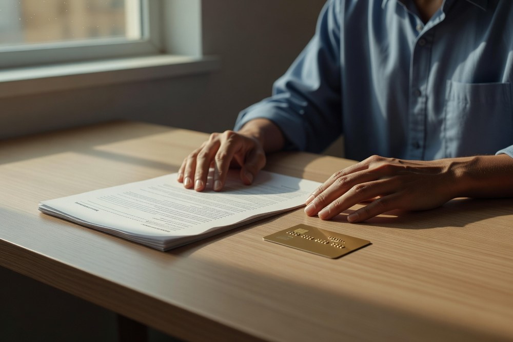 Choosing between a personal loan document and credit card on a desk