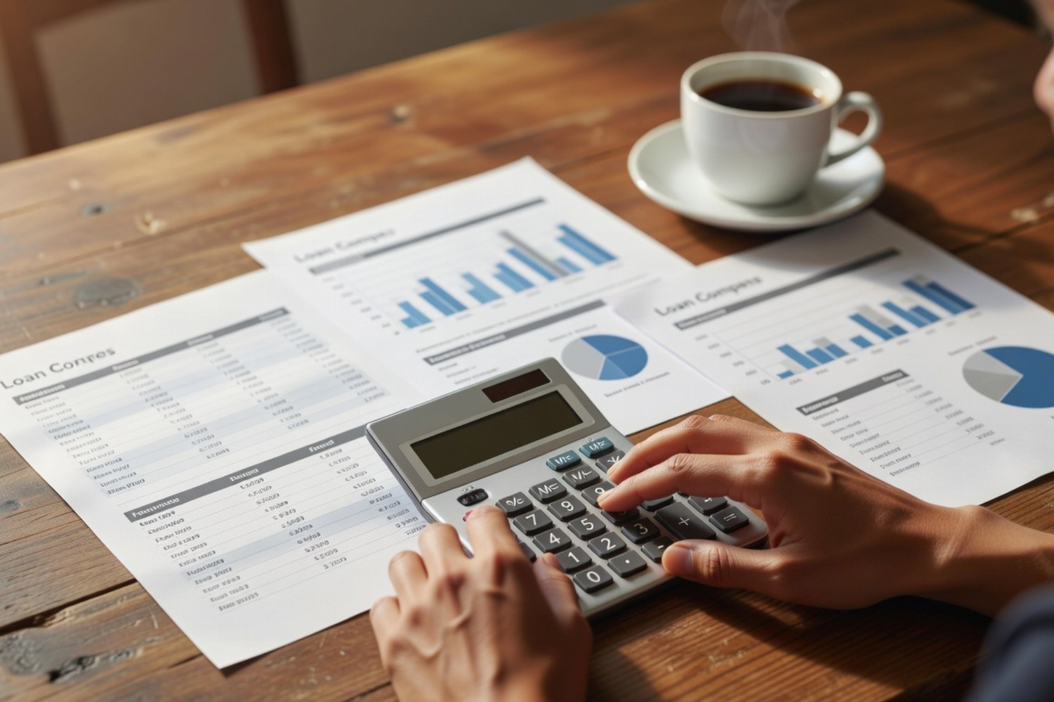 Person comparing personal loan rates and terms using calculator and documents