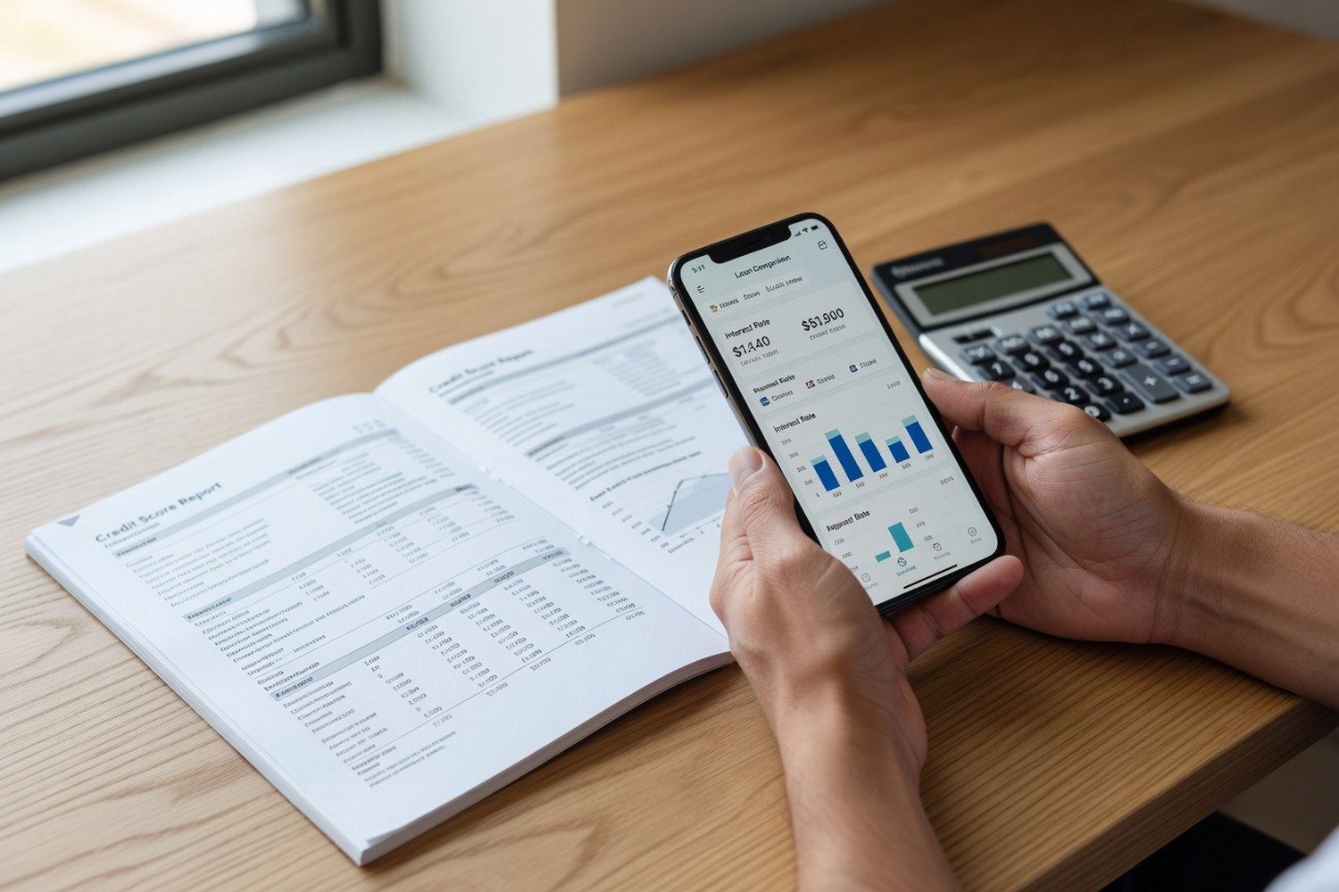 Person reviewing personal loan rates on smartphone with credit score report