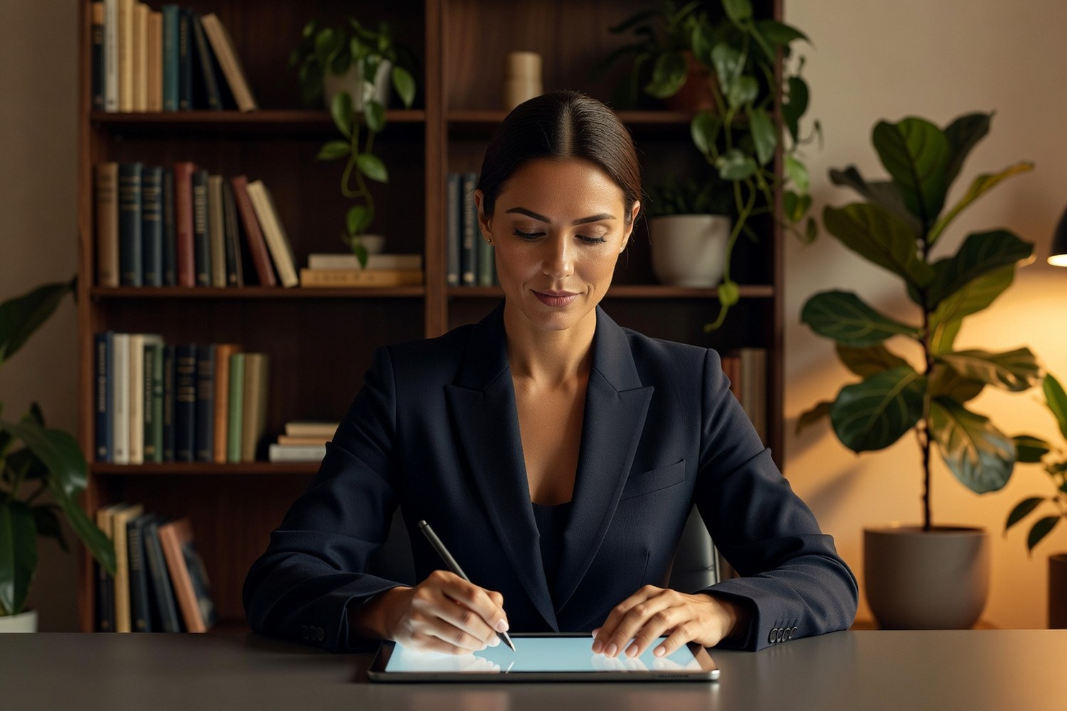 Woman completing personal loan application on tablet in home office