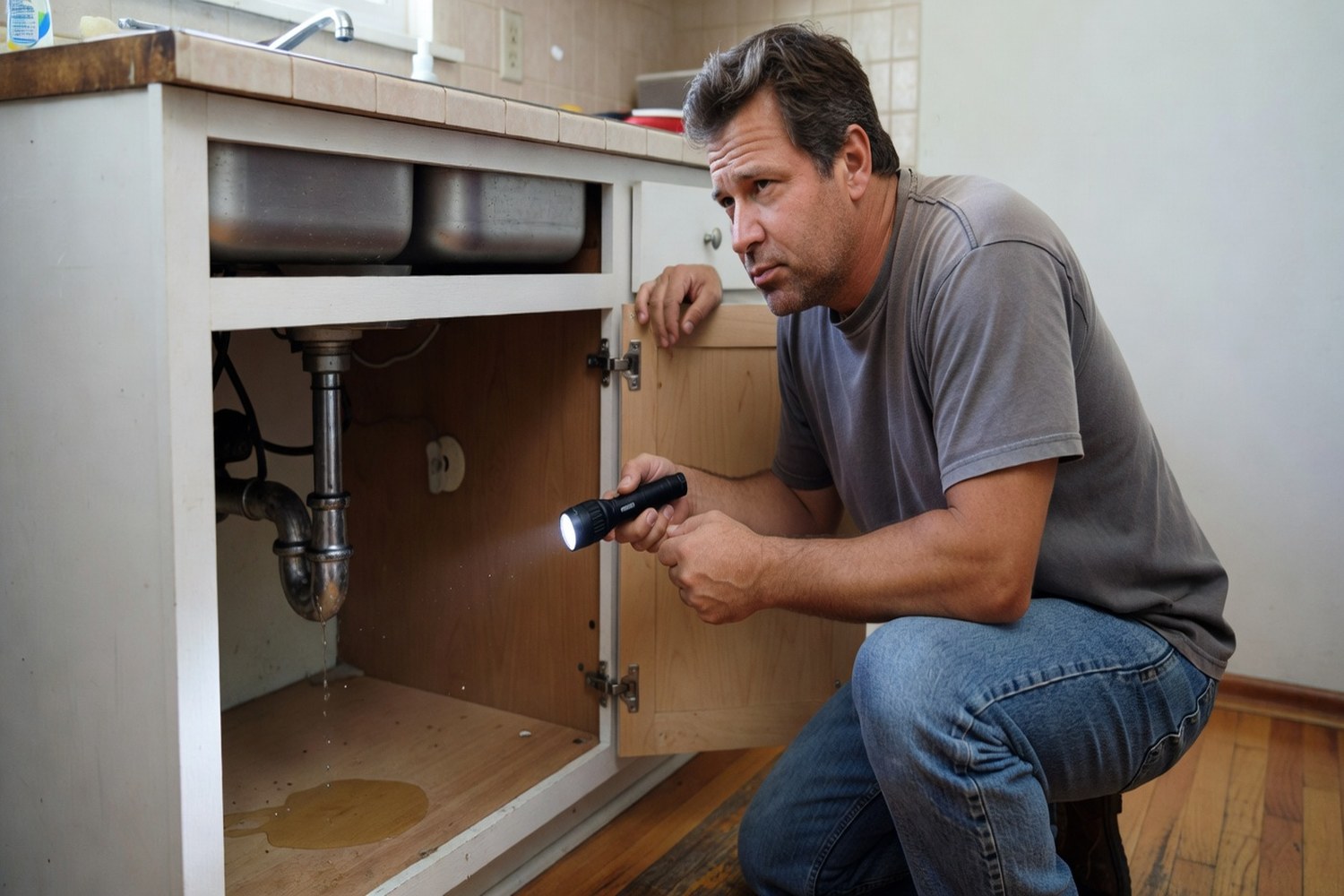 Homeowner inspecting leaking pipe under kitchen sink needing plumbing financing