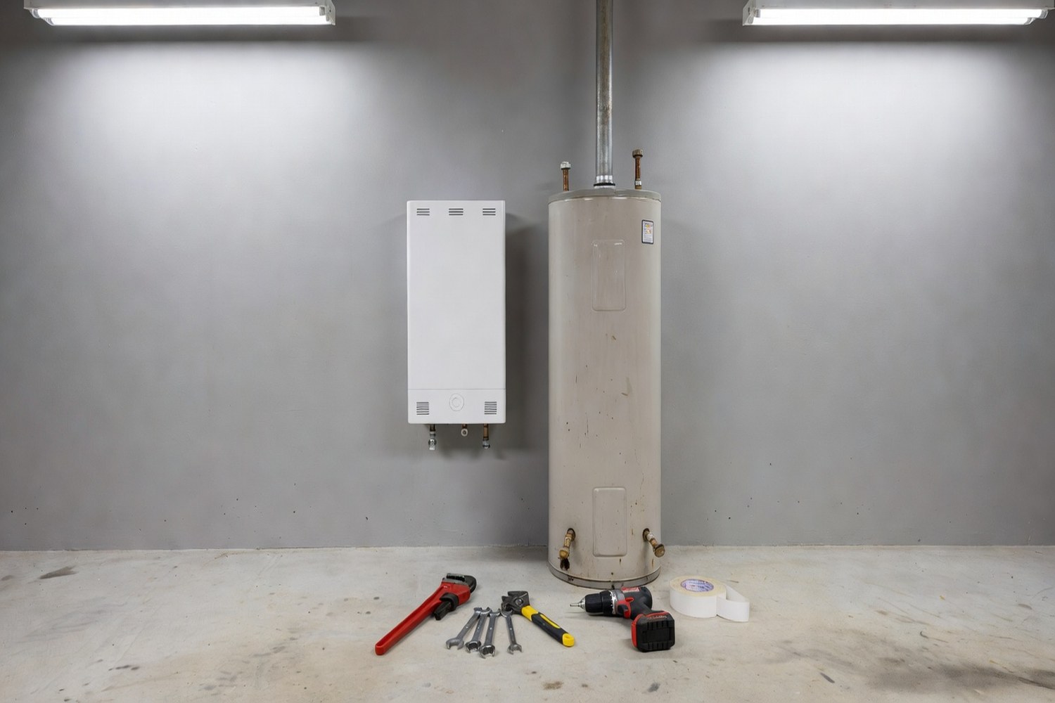 New water heater installation next to old unit being replaced with plumbing financing