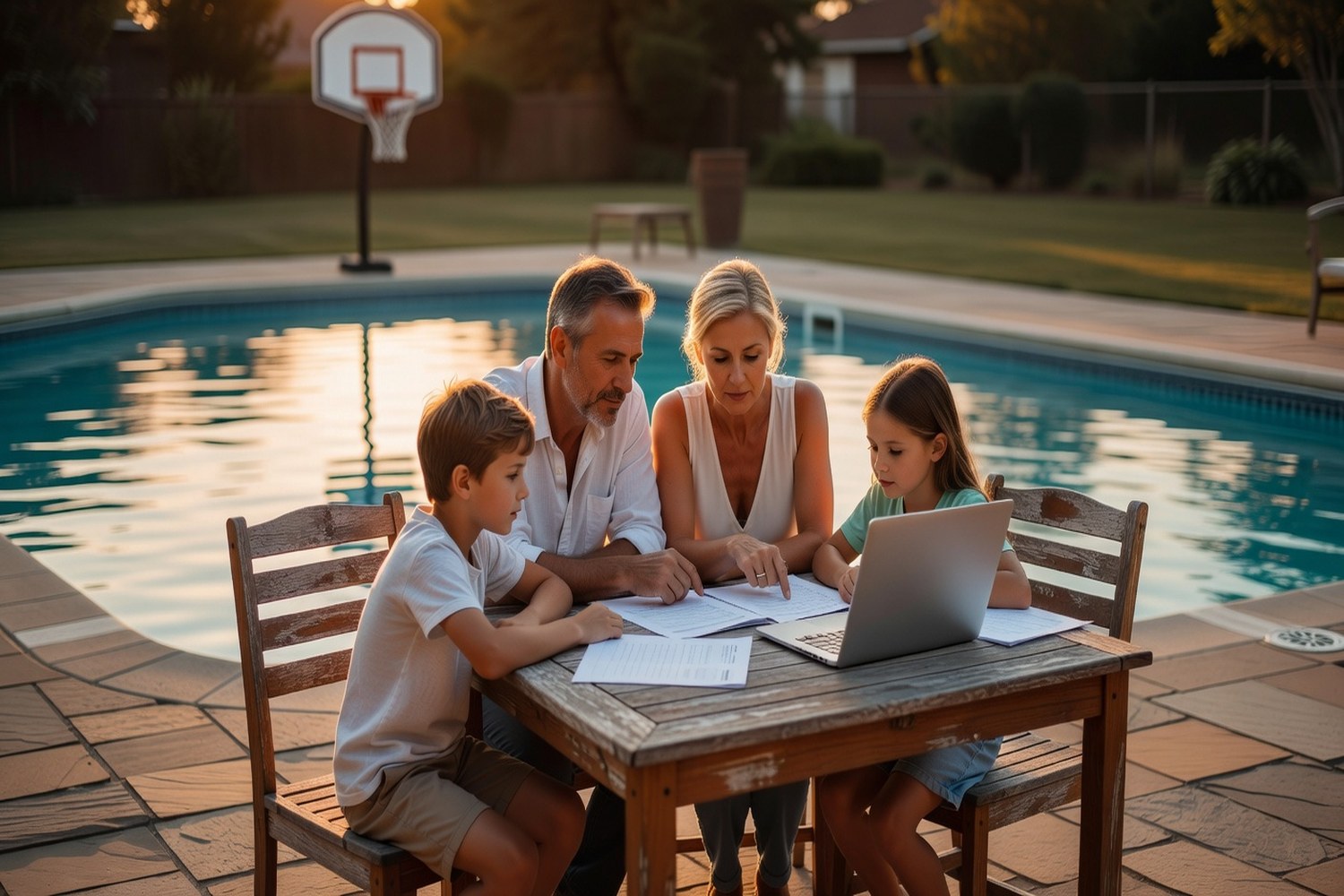 Family reviewing pool financing options and loan paperwork beside their backyard pool