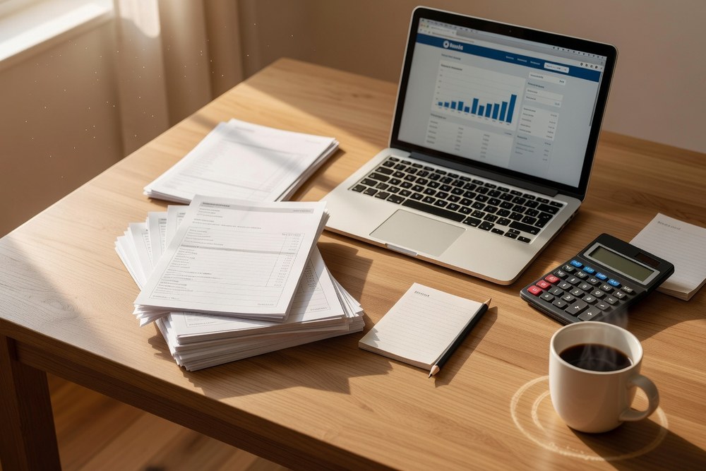 Home financial planning scene with bills, laptop and calculator on kitchen table