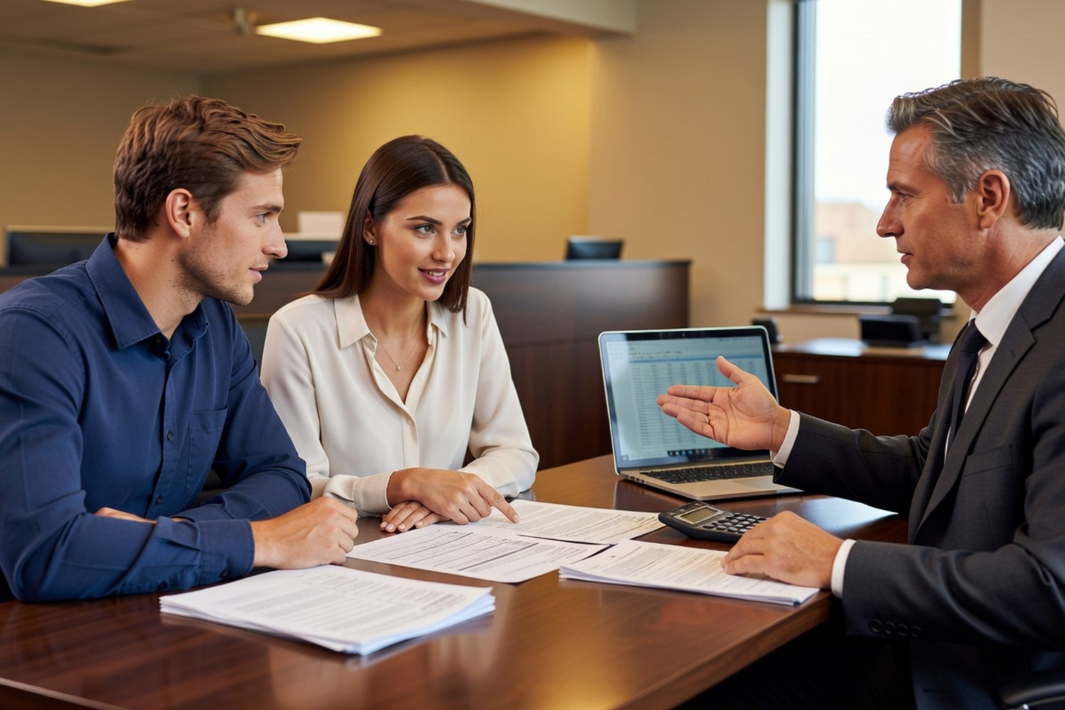 Couple meeting with mortgage loan officer to discuss rate options