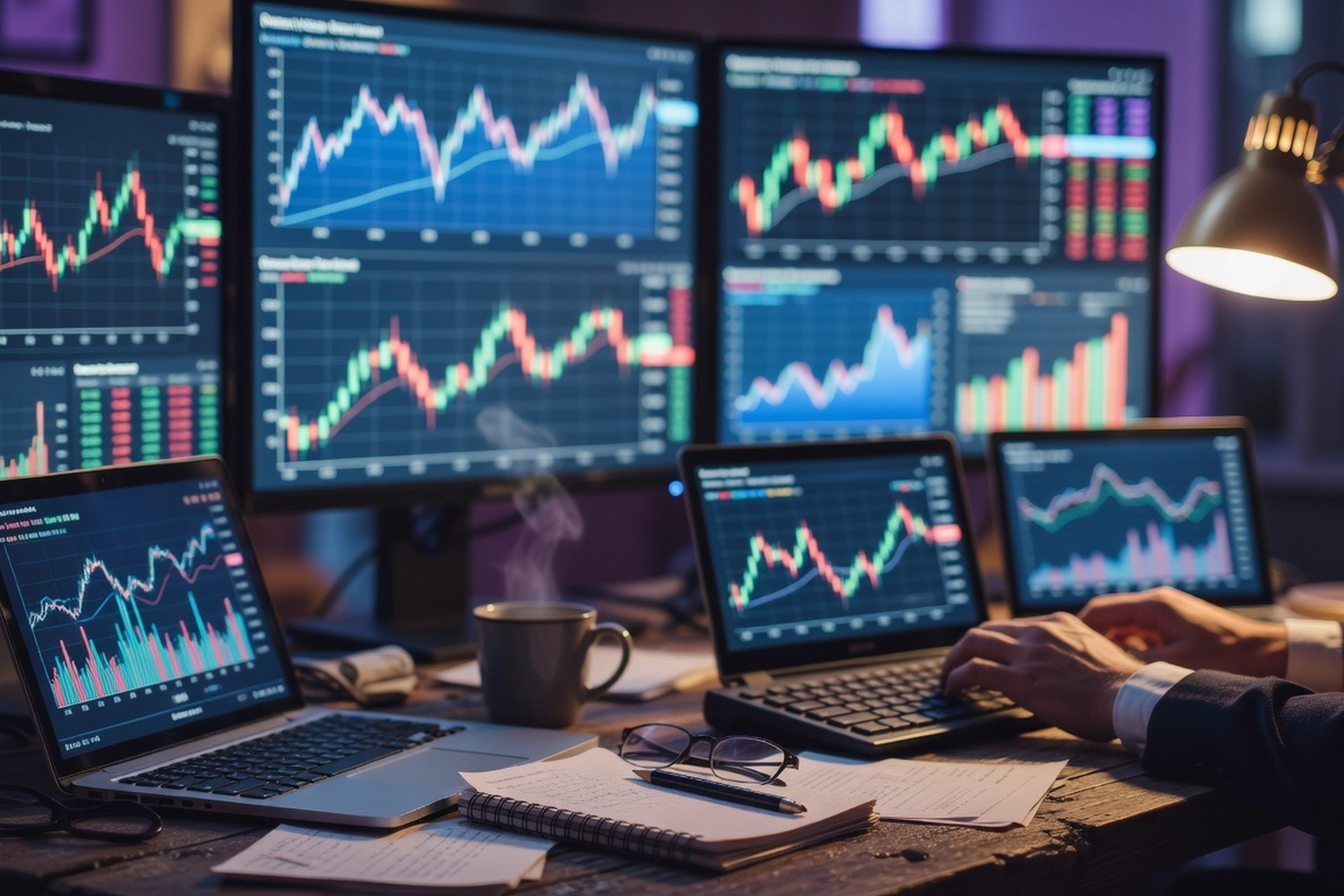 Financial analyst desk with economic data screens showing rate trend analysis