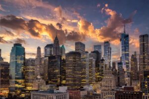 Wall Street financial district skyline at dusk representing interest rate outlook