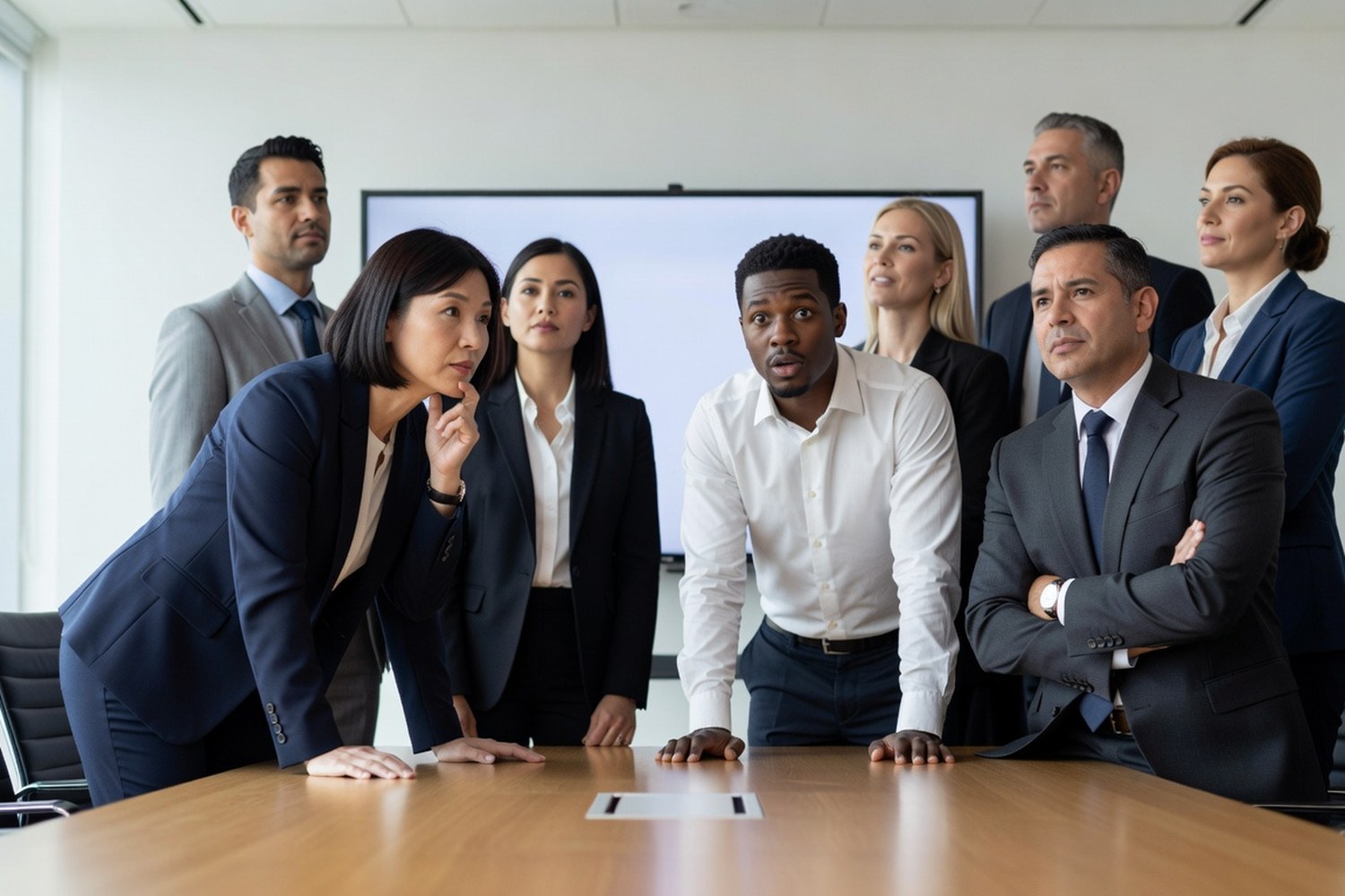 Business professionals reviewing economic forecast presentation in conference room