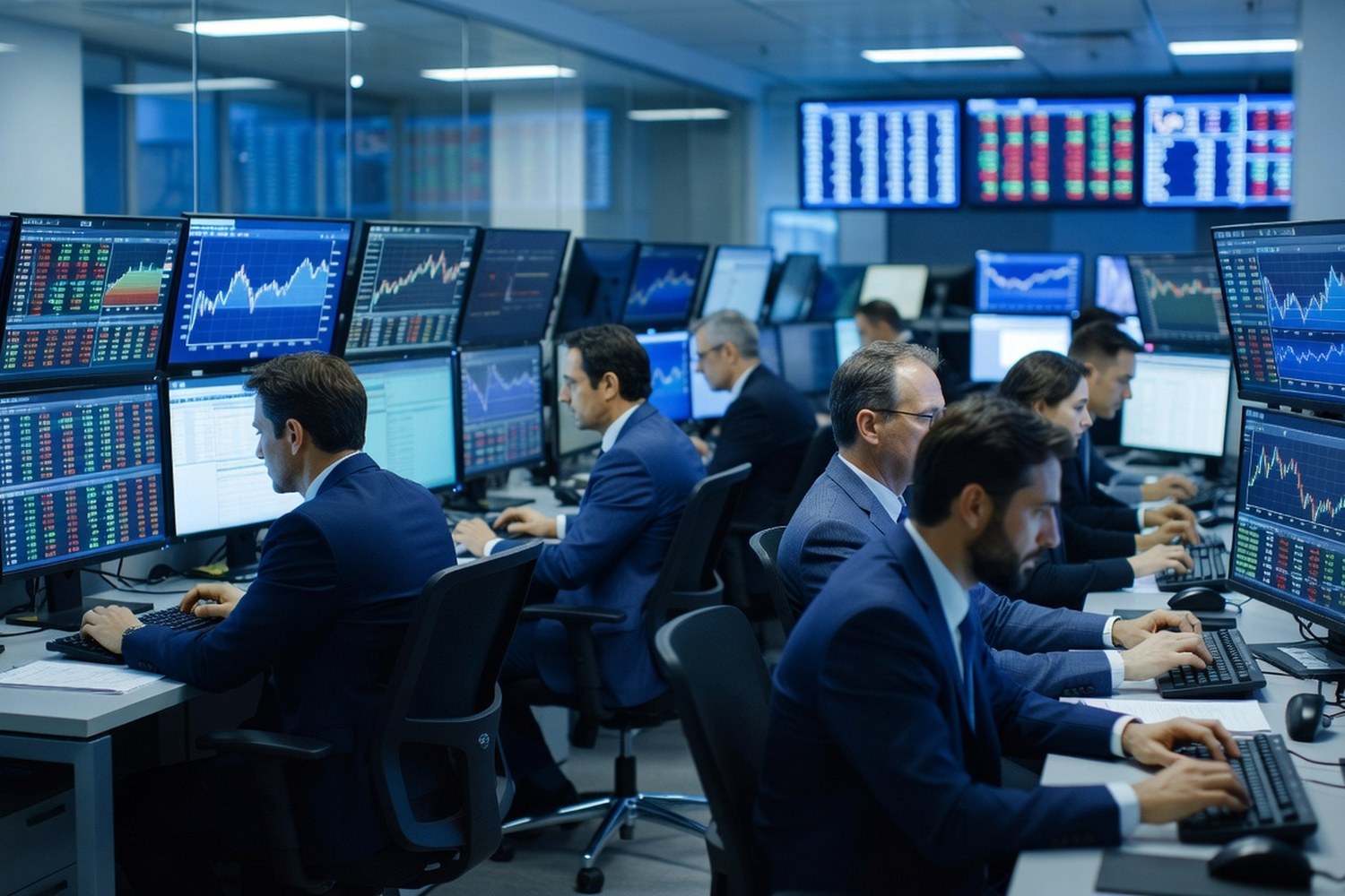 Financial trading floor with multiple data screens showing rate benchmarks