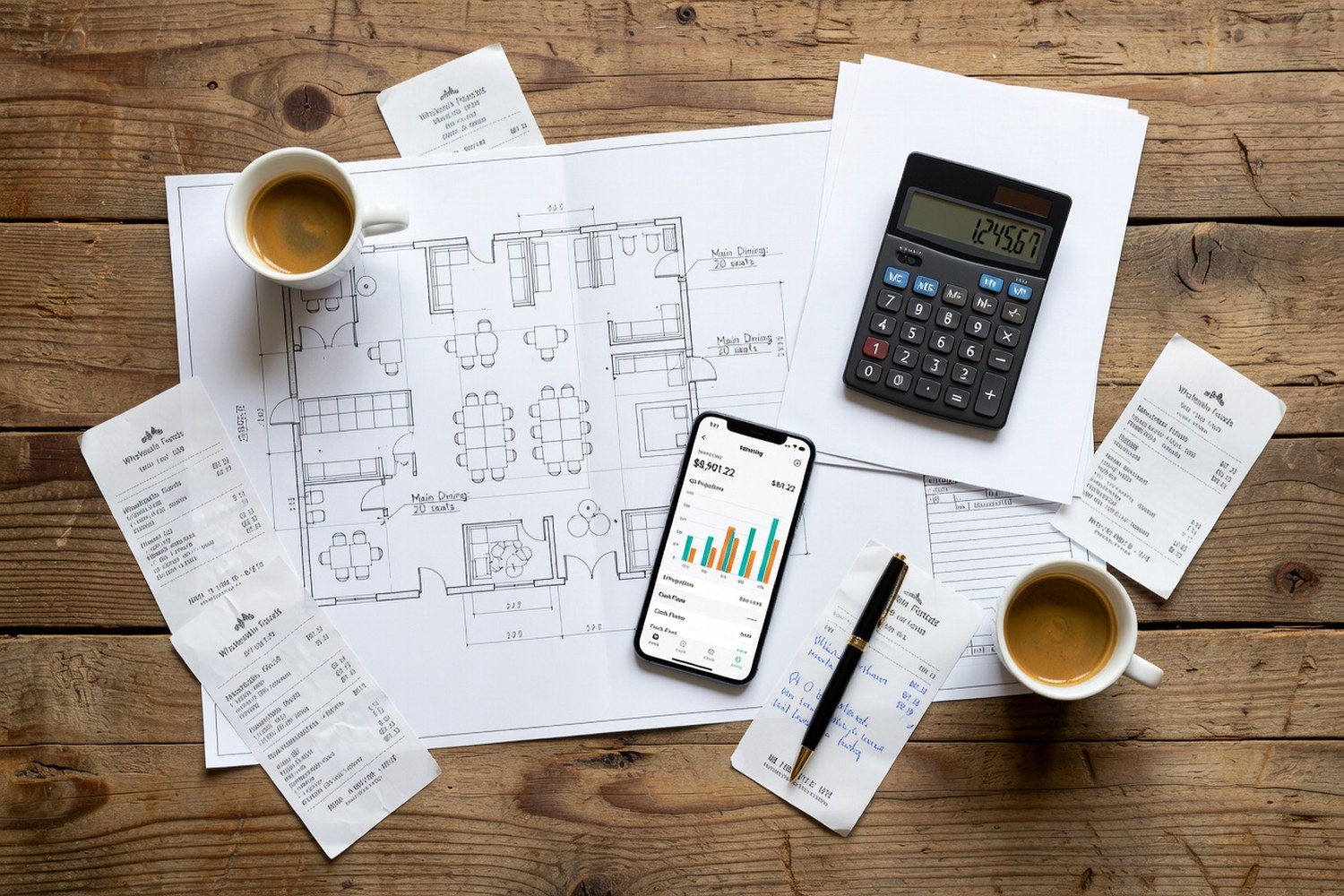 Restaurant business plan and financial documents on a table representing small business loan planning
