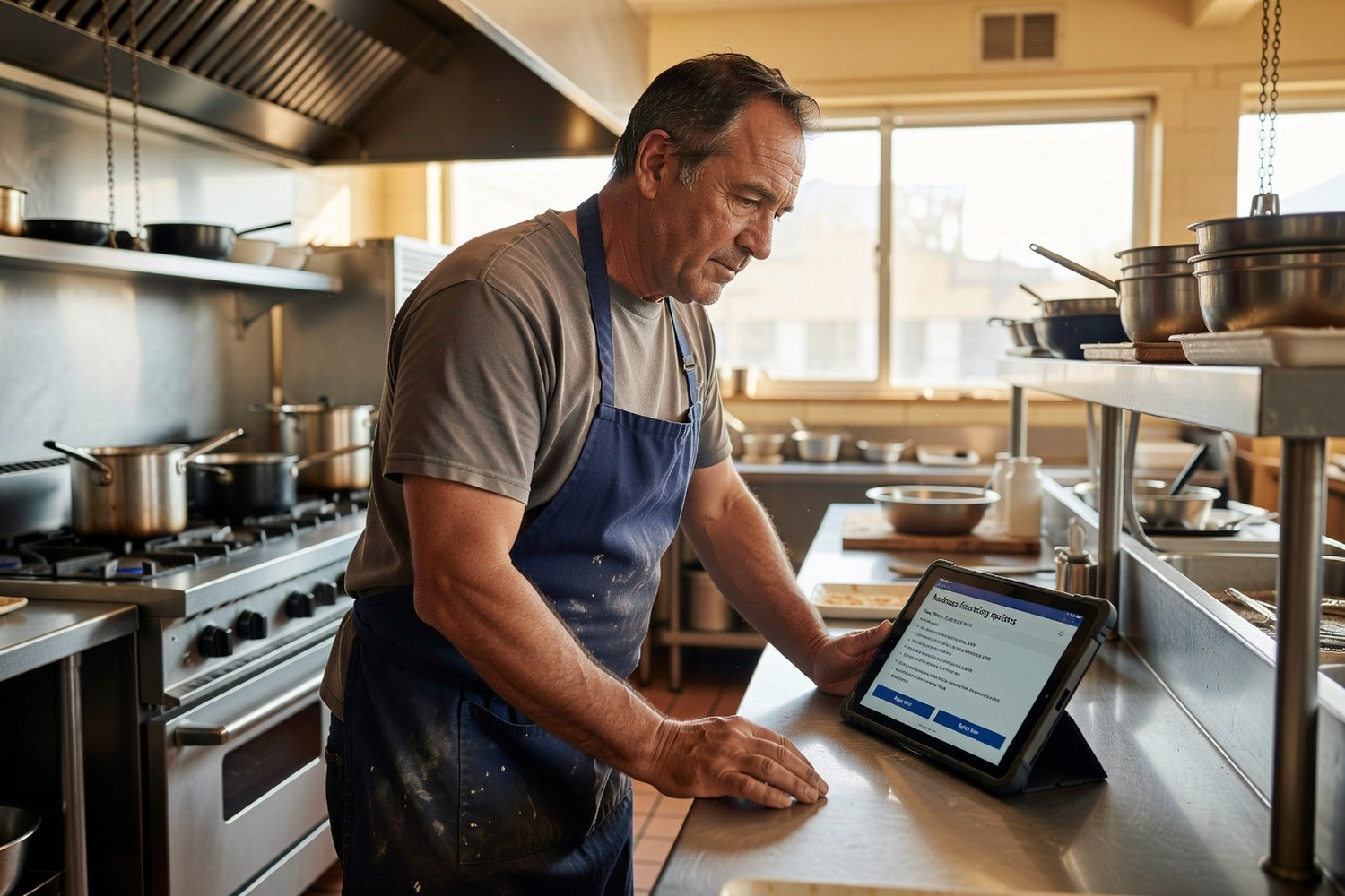 Restaurant owner reviewing business financing options on tablet