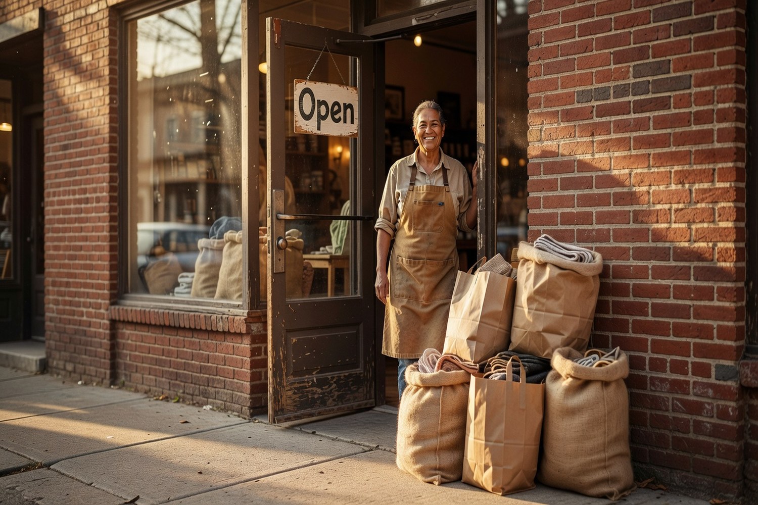 Small retail shop owner standing in storefront doorway with new inventory