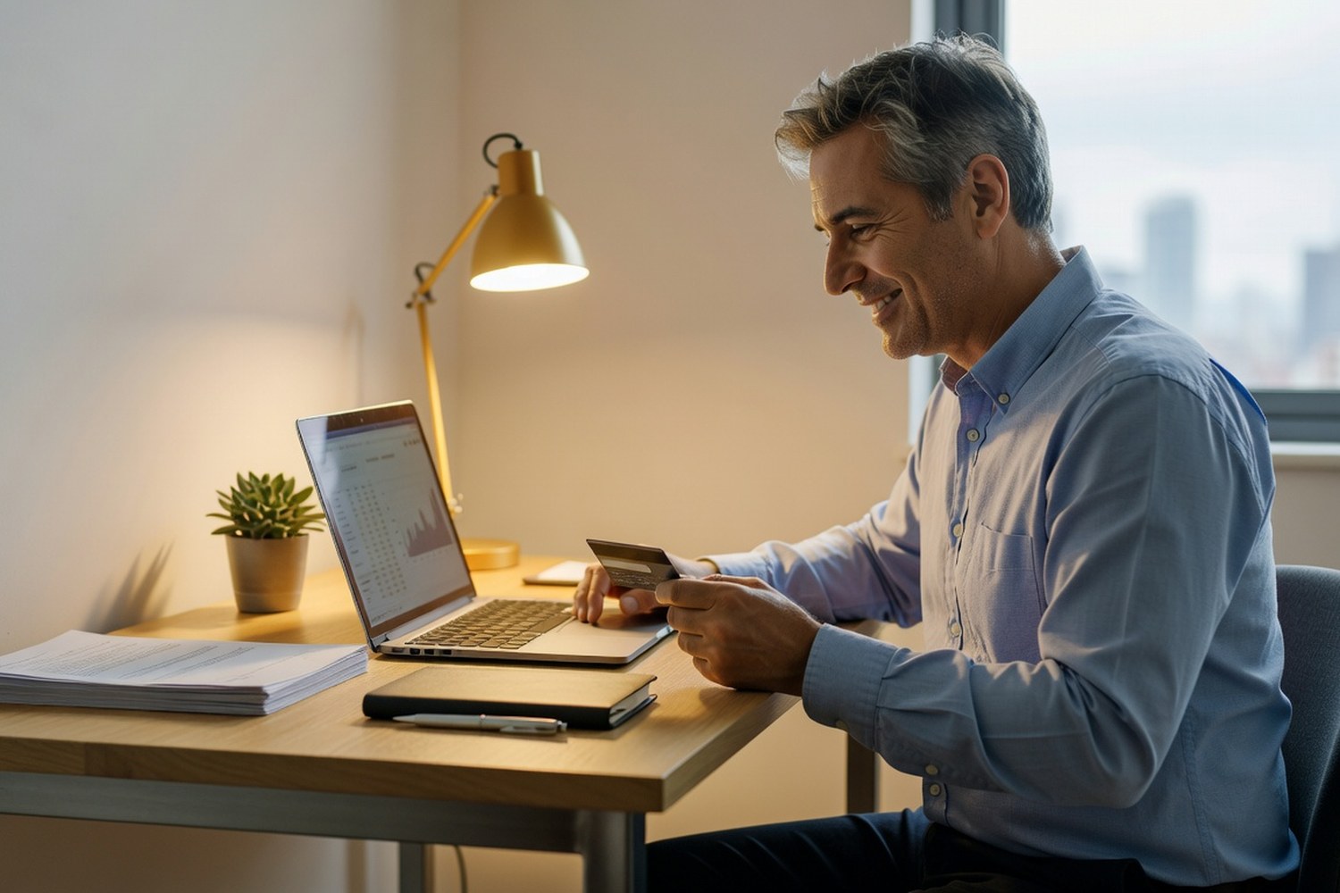 Man reviewing credit card rewards points balance on laptop at home office